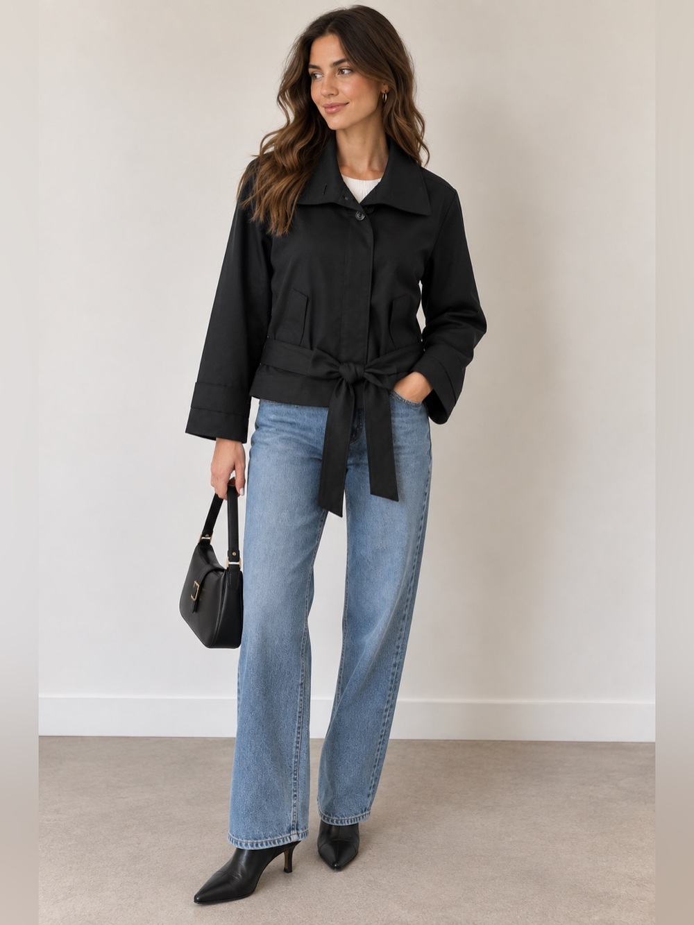 Club Monaco Black Wool Cropped Belted Trench Jacket Size L